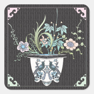 Mah Jongg Flowers/Birds Stickers Fyrkantigt Klistermärke