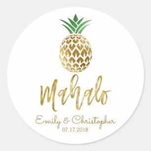 Mahalo Tropical Hawaiian Pineapple Bröllop White Runt Klistermärke