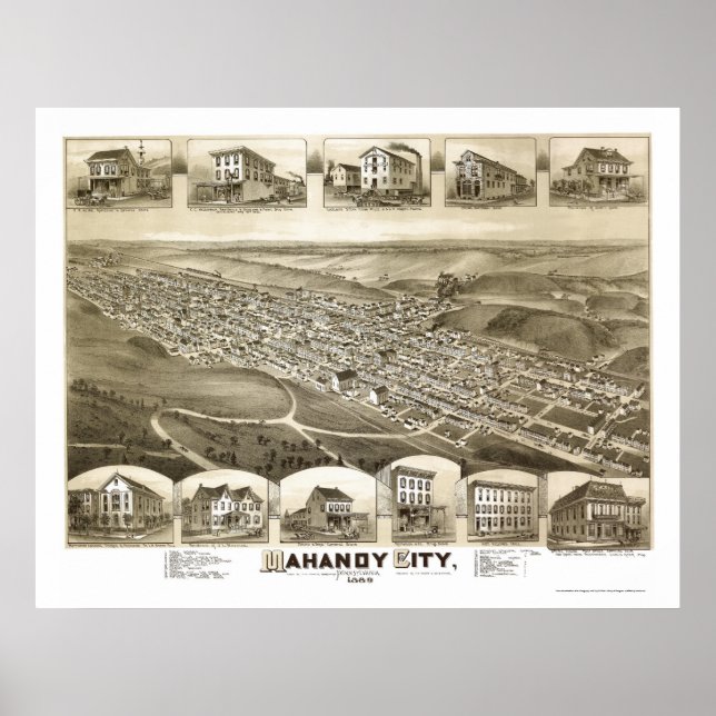 Mahanoy City, PA Panoramic Karta - 1889 Poster (Framsidan)