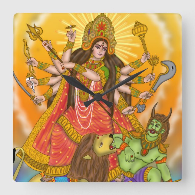 Mahishasur Mardini Durga Clock Fyrkantig Klocka (Framsida)