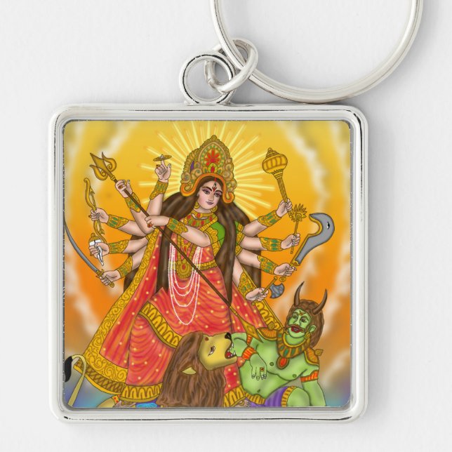 Mahishasur Mardini Durga Keychain Fyrkantig Silverfärgad Nyckelring (Framsidan)