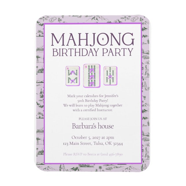 Mahjong Birthday Party Invitation, purple toile Magnet (Vertikal)