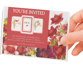 Mahjong Bold Rich Red Florals Postkort Inbjudan