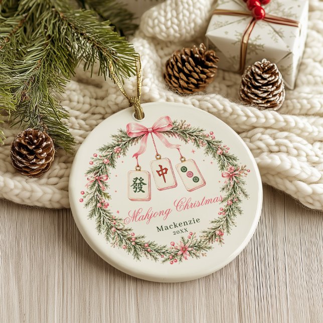 Mahjong-bricka Julkrans  Julgransprydnad Keramik (Mahjong Pink Christmas Ornament)