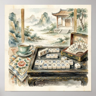 Mahjong Chic Chinoiserie Akvarellaffisch Poster