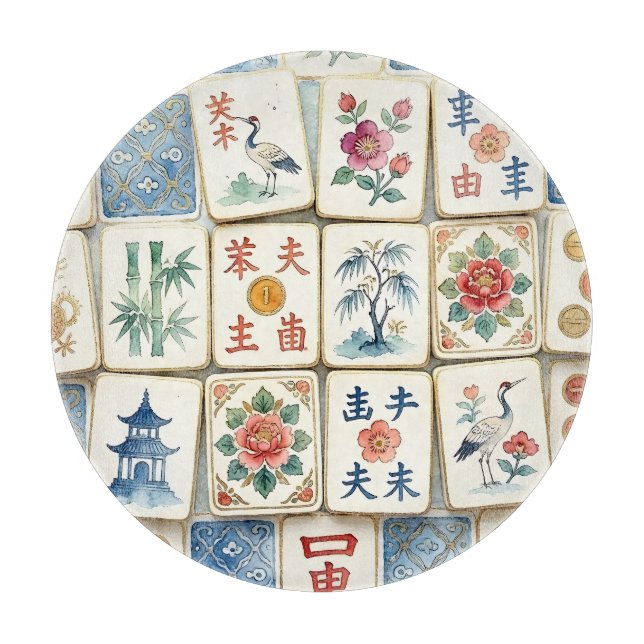 Mahjong Chinoiserie Brickor Vattenfärg Blommor Fåg (Framsidan)