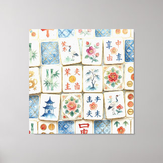 Mahjong Chinoiserie Brickor Vattenfärg Blommor Fåg Canvastryck