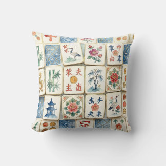 Mahjong Chinoiserie Brickor Vattenfärg Blommor Fåg Kudde