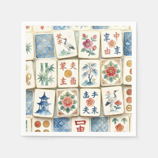 Mahjong Chinoiserie Brickor Vattenfärg Blommor Fåg Pappersservett