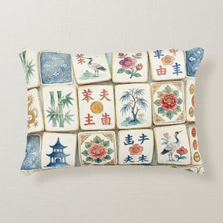 Mahjong Chinoiserie Brickor Vattenfärg Blommor Fåg Prydnadskudde