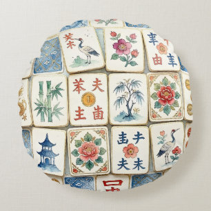 Mahjong Chinoiserie Brickor Vattenfärg Blommor Fåg Rund Kudde
