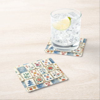 Mahjong Chinoiserie Brickor Vattenfärg Blommor Fåg Underlägg Papper Kvadrat