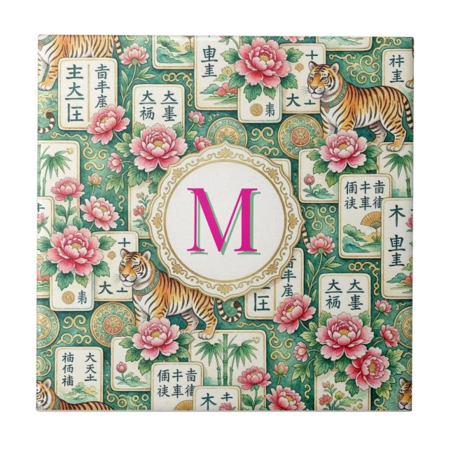 Mahjong Chinoiserie Floral Monogram Personalized  Kakelplatta (Framsidan)