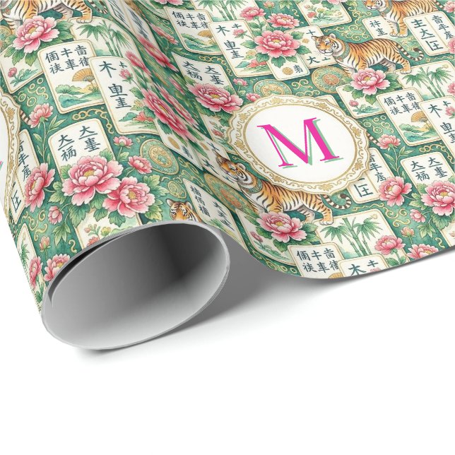 Mahjong Chinoiserie Floral Monogram Personalized  Presentpapper (Rullad Hörn)