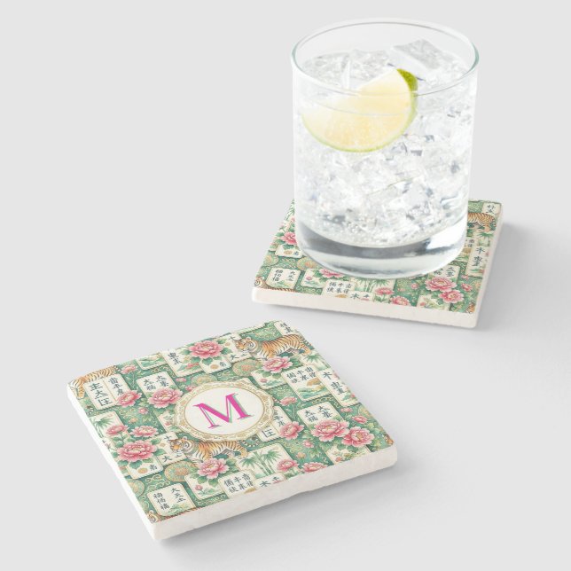 Mahjong Chinoiserie Floral Monogram Personalized  Stenunderlägg (Sidan)