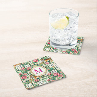 Mahjong Chinoiserie Floral Monogram Personalized Underlägg Papper Kvadrat