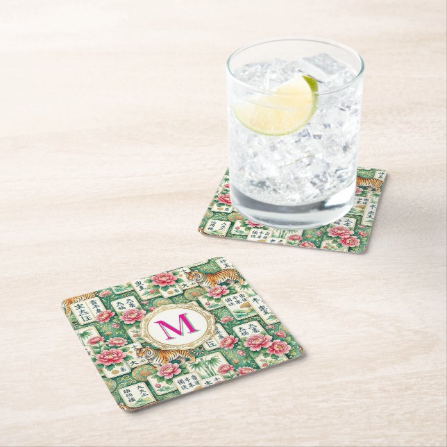 Mahjong Chinoiserie Floral Monogram Personalized  Underlägg Papper Kvadrat (Insitu)