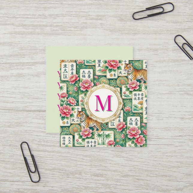 Mahjong Chinoiserie Floral Personalized Monogram Fyrkantigt Visitkort (Fram/Back In Situ)