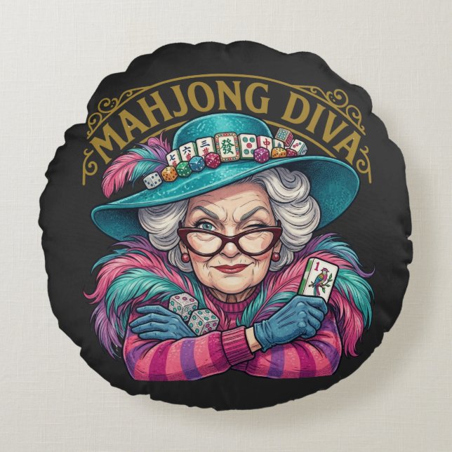 Mahjong Diva Funny Women's Rund Kudde (Framsidan)