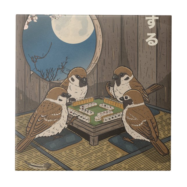 Mahjong-fåglar som spelar spel  kakelplatta (Framsidan)