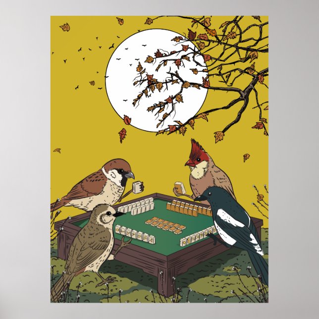 Mahjong-fåglar som spelar spel  poster (Framsidan)