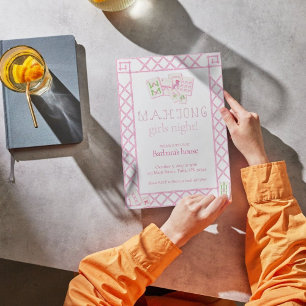 Mahjong-fest-inbjudningar, bambu-bokstäver, rosa b inbjudningar