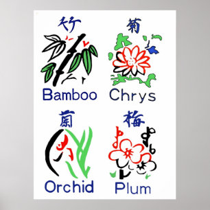 Mahjong Flower Kostym,Blue,Red,Grönt,Black on Whit Poster
