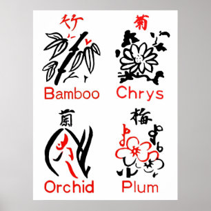 Mahjong Flower Kostym, Red & Black on White Poster