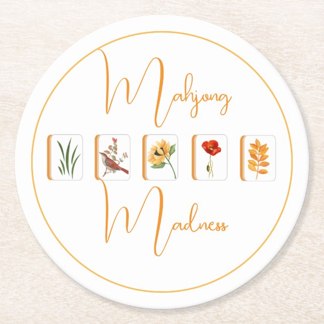 Mahjong Flower Tiles Paper Coaster Underlägg Papper Rund (Framsidan)