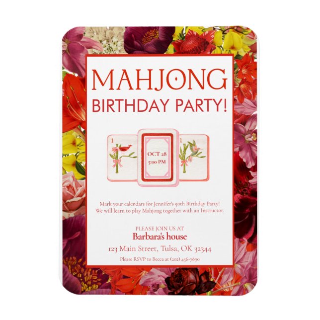 Mahjong födelsedagsfest inbjudan, Blommig Magnet (Vertikal)