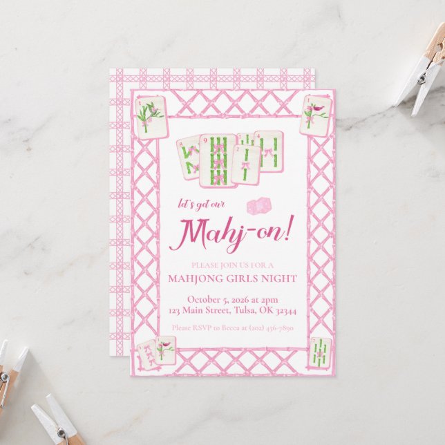 Mahjong Party-inbjudan, Rosa Grönt Coquette (Fram/Back In Situ)