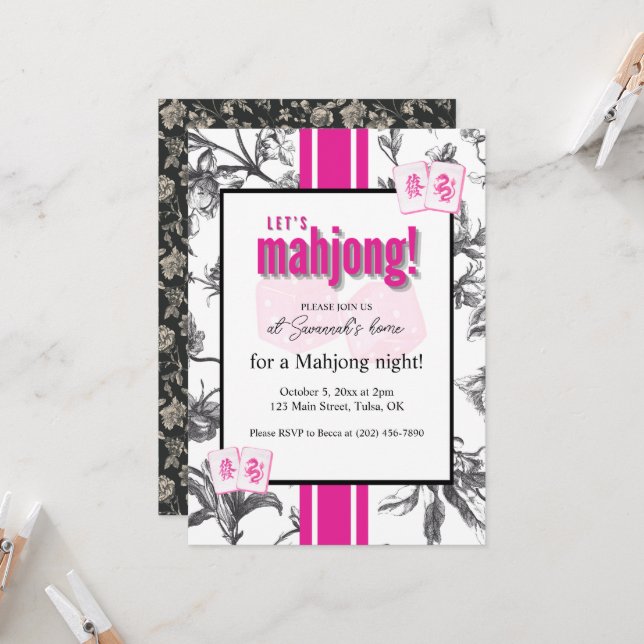 Mahjong Party Invitation, black pink toile, tiles Inbjudningar (Fram/Back In Situ)