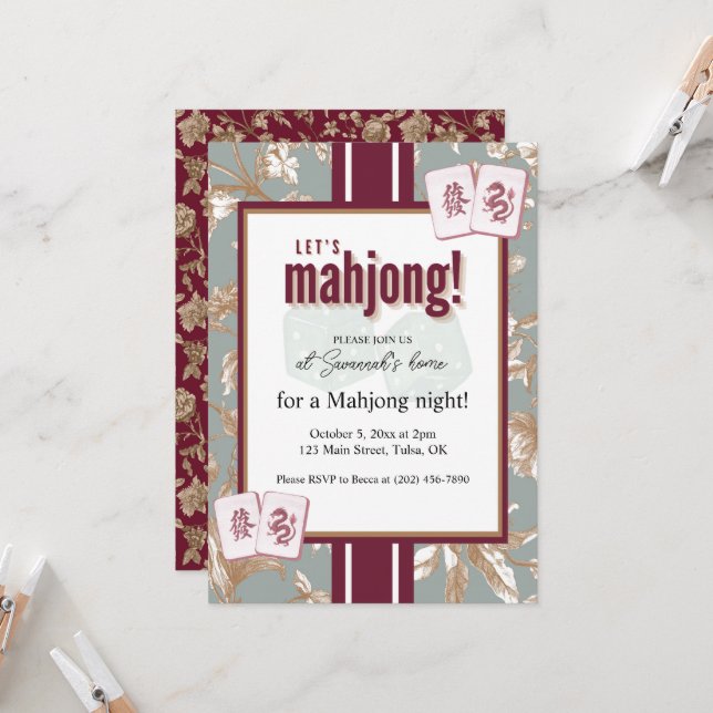 Mahjong Party Invitation, burgundy toile, tiles Inbjudningar (Fram/Back In Situ)