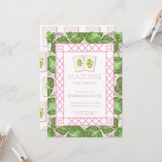 Mahjong Party Invitation, Cabbage and Pink Inbjudningar (Fram/Back In Situ)
