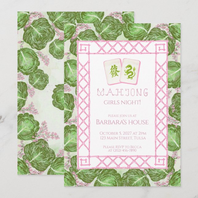 Mahjong Party Invitation, Cabbage and Pink Inbjudningar (Fram/baksida)