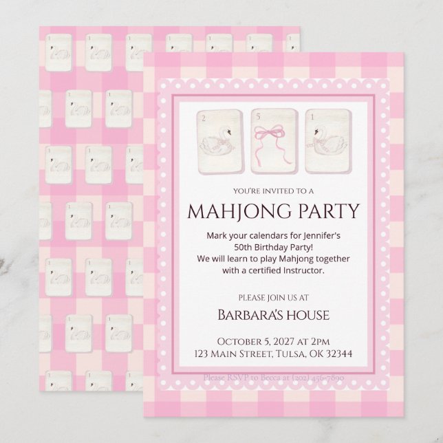 Mahjong Party Invitation, grandmillennial swans Inbjudningar (Fram/baksida)