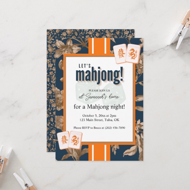 Mahjong Party Invitation, navy gold toile, tiles Inbjudningar (Fram/Back In Situ)