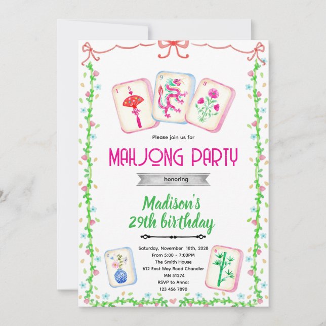 Mahjong party theme invitation inbjudningar (Framsida)