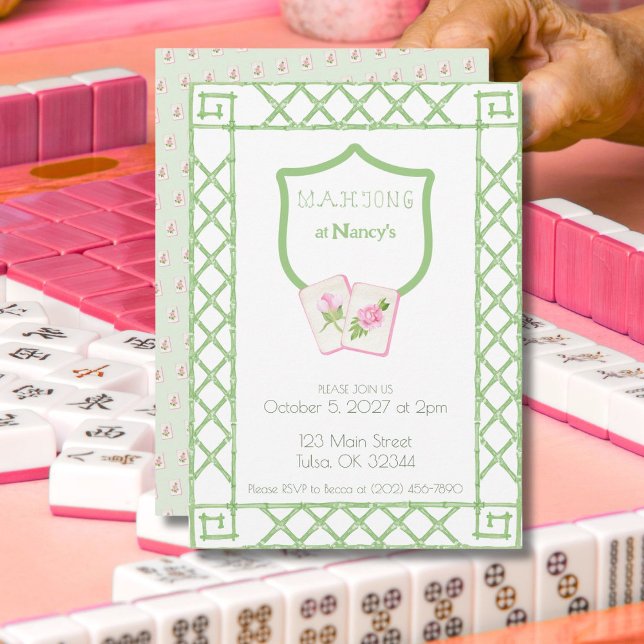 Mahjong-partygästlista, Grön blomsterbambu Inbjudningar (Skapare uppladdad)