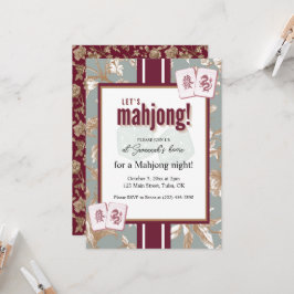 Mahjong-partyinbjudan, burgunderröd toile, brickor inbjudningar