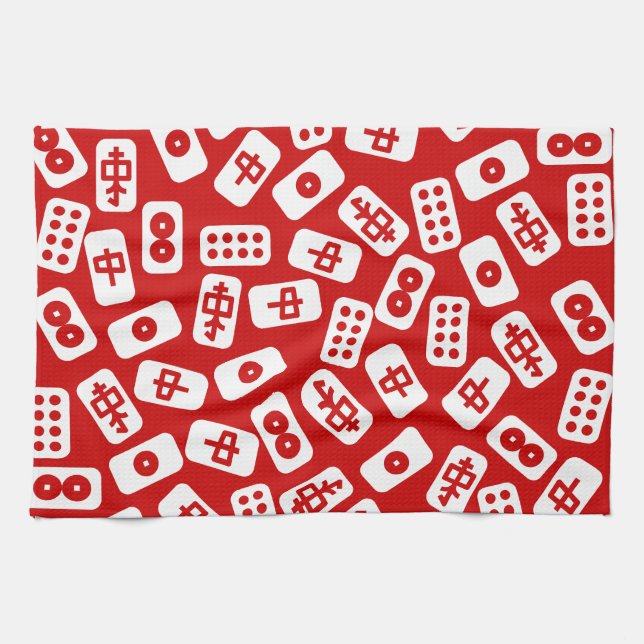 Mahjong-plattor vita på rött kökshandduk (Horisontell)
