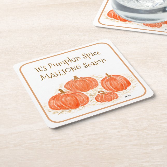 Mahjong Pumpa Kryddad Säsong Akvarell Pumpa Underlägg Papper Kvadrat (Vinklad)