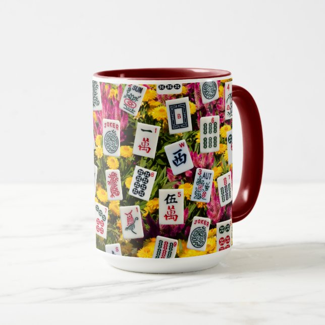 Mahjong symbols on wildflowers background mugg (Framsida höger)