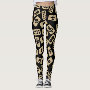 Mahjong Tiles Brown on Black Leggings