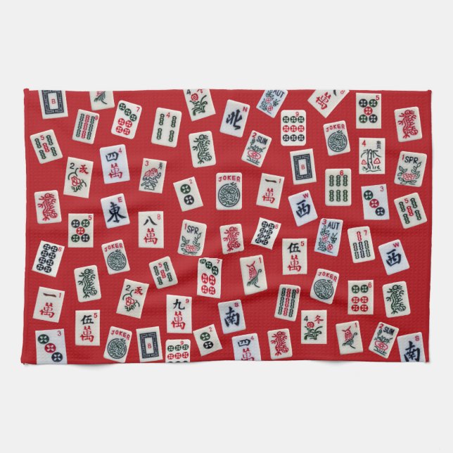 MahJong tiles (symbols) on red Kökshandduk (Horisontell)
