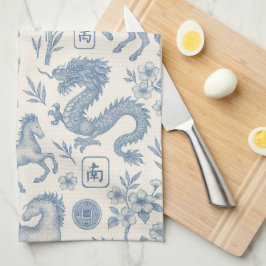 Mahjong Toile Kitchen Towel - Horses and Dragons Kökshandduk