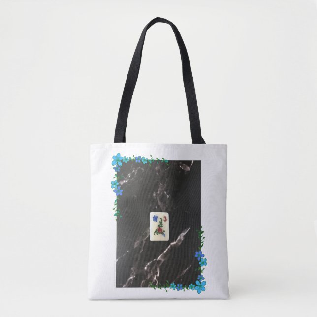 Mahjong Tote Bag med blå Blommigt-accent Tygkasse (Framsida)