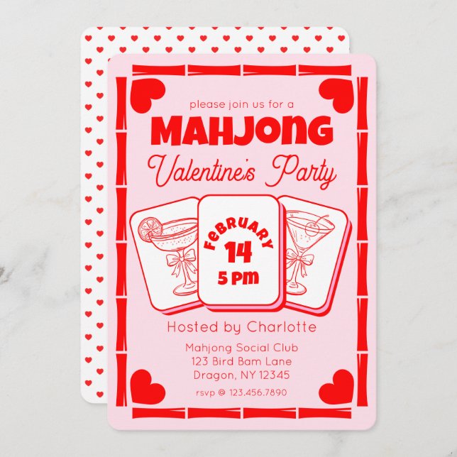 Mahjong Valentine's Pink Party Invitation Inbjudningar (Fram/baksida)