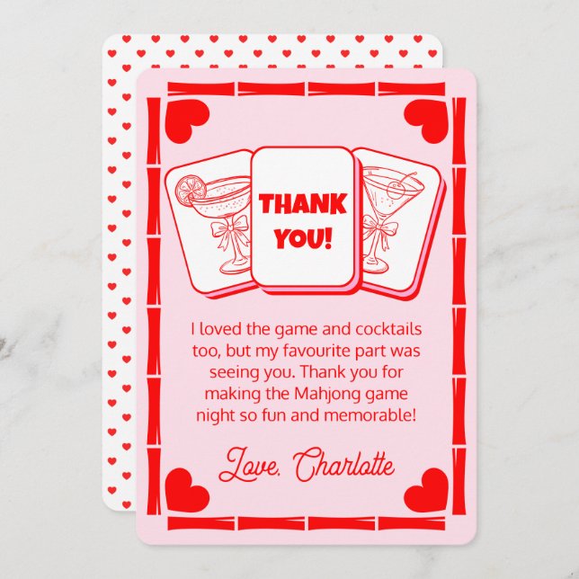 Mahjong Valentine's Pink Thank You Card Inbjudningar (Fram/baksida)