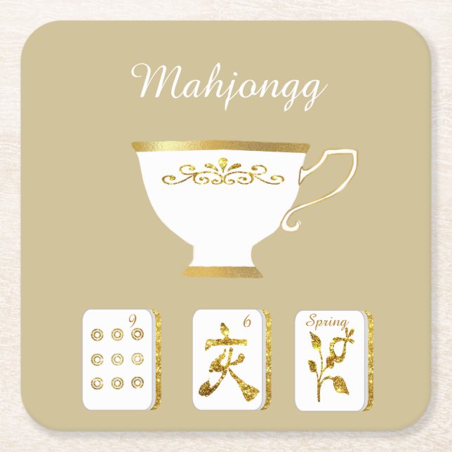 Mahjongbrickor och tekopp underlägg papper kvadrat (Framsidan)